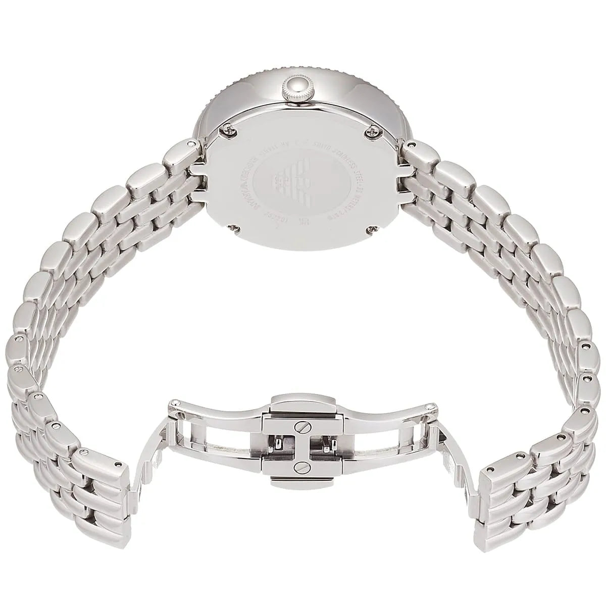 Inside view of the secure folding clasp on the Emporio Armani women's silver watch
