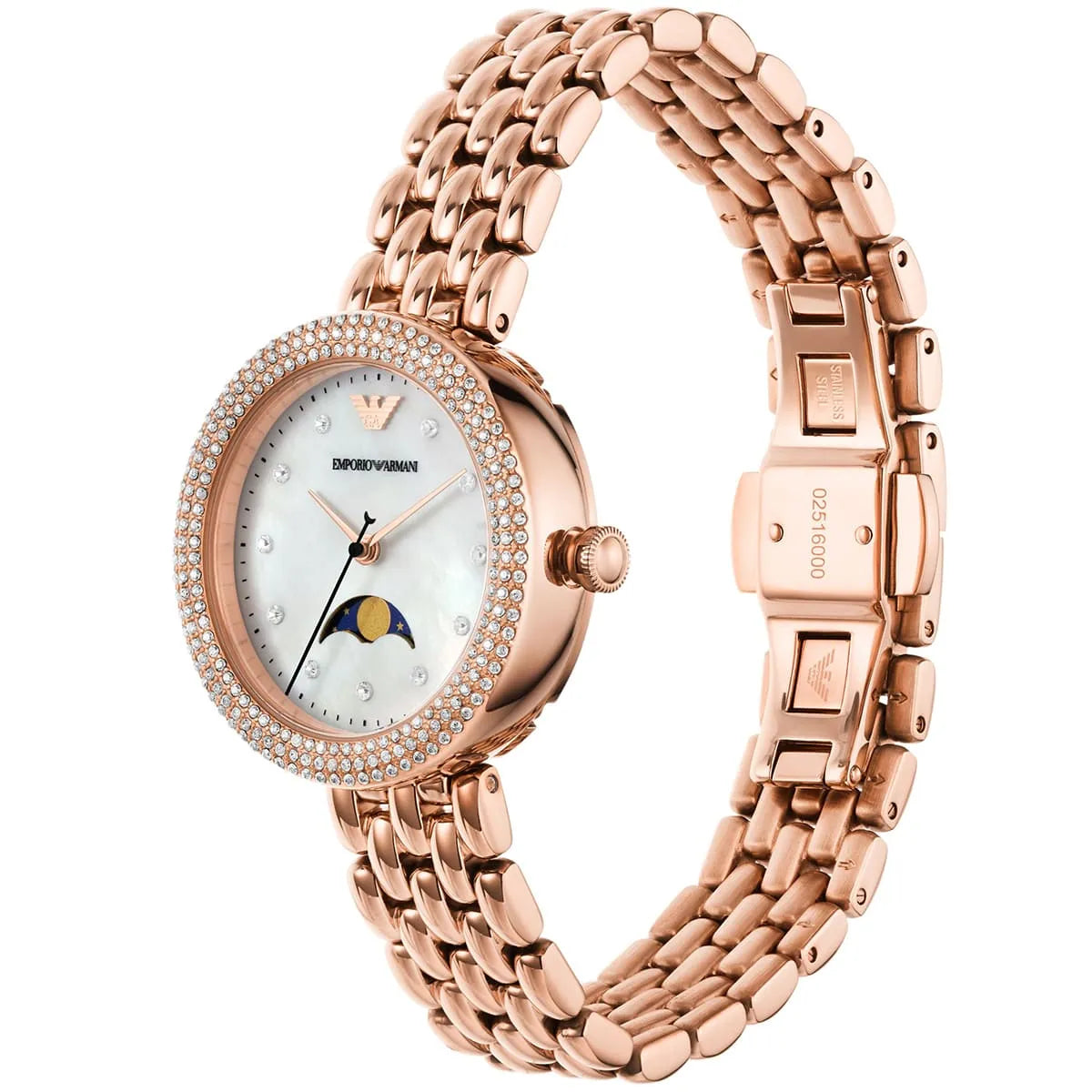 Right side profile view of the slim 7mm rose gold-tone case on the Emporio Armani AR11462