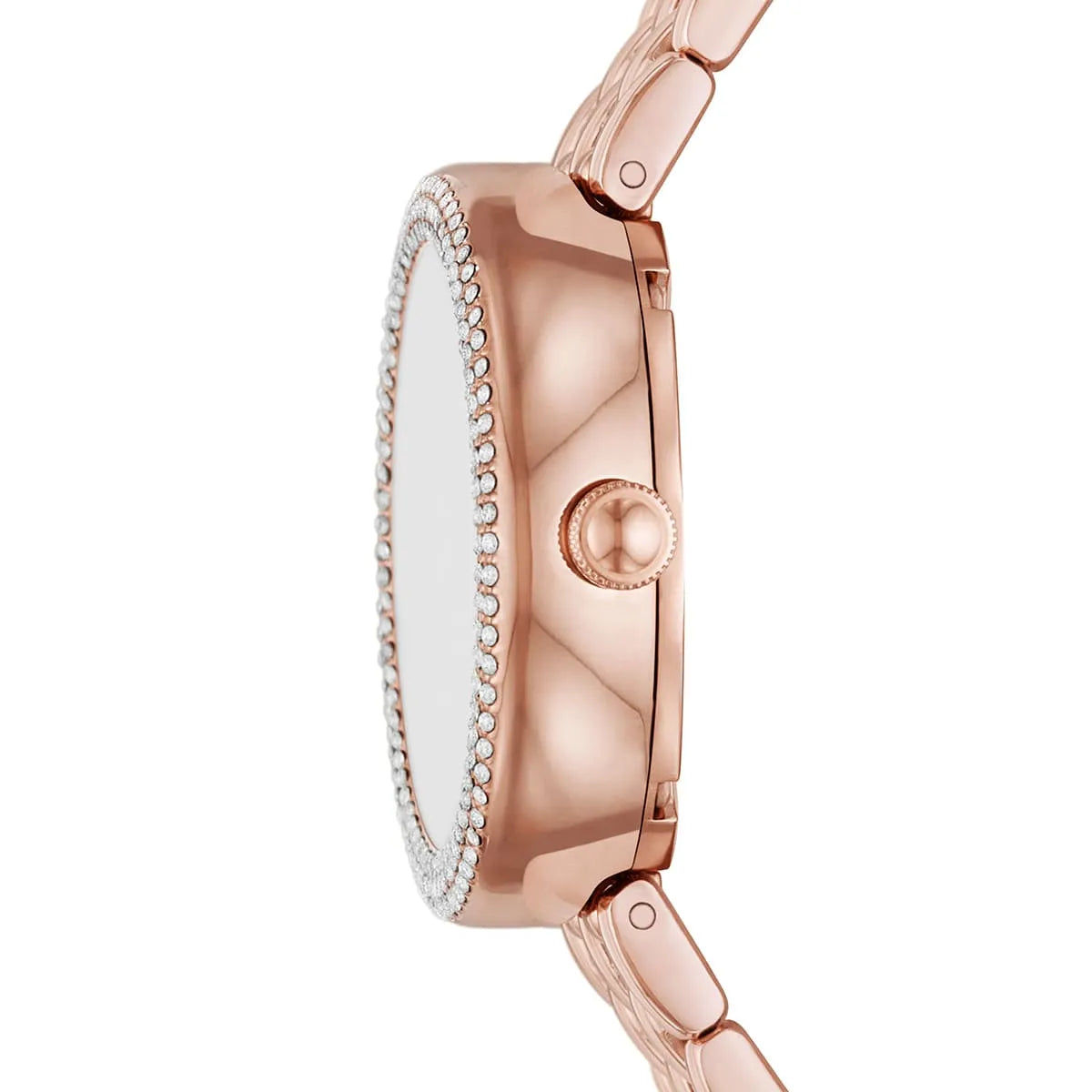Left side perspective showing the polished rose gold finish and double pave crystal bezel