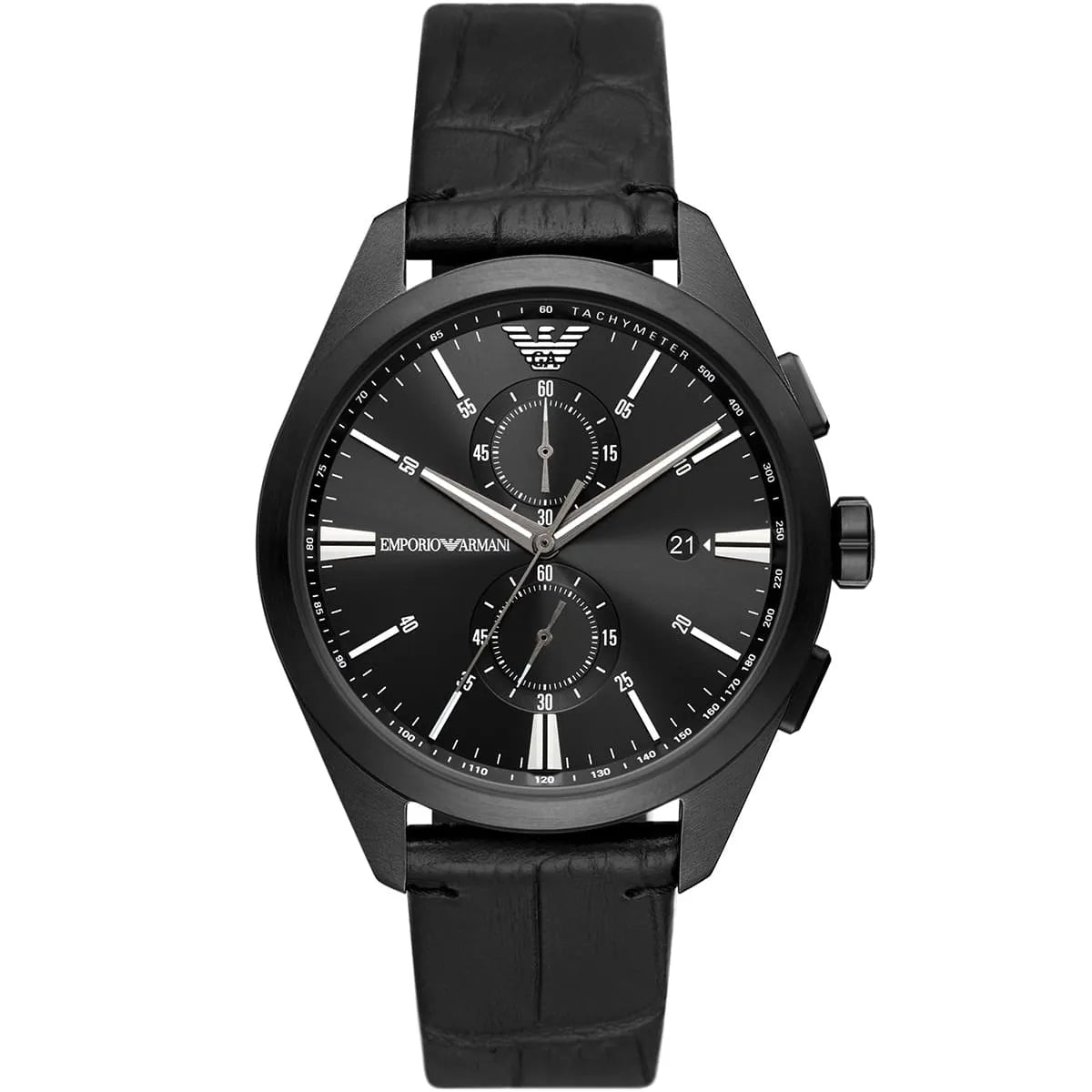Emporio Armani Claudio AR11483 men's quartz battery watch with black dial, black-tone case, black leather strap main view