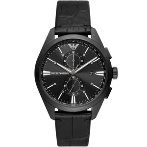 Emporio Armani Claudio AR11483 men's quartz battery watch with black dial, black-tone case, black leather strap main view