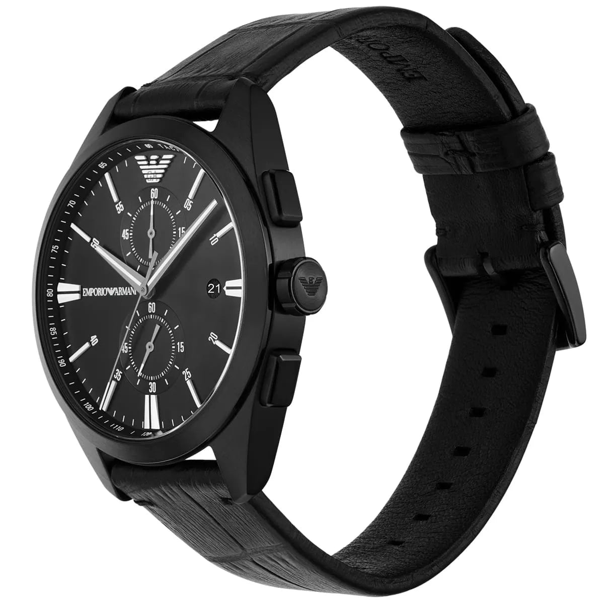 Left angled view of Emporio Armani Claudio AR11483 men's quartz battery watch showing black leather strap and black-tone case profile