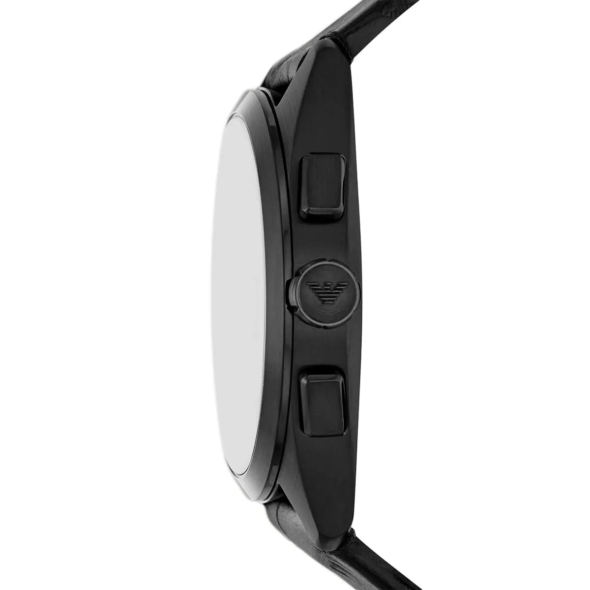 Side profile of Emporio Armani Claudio AR11483 men's quartz battery watch showing 12mm thickness and black finish