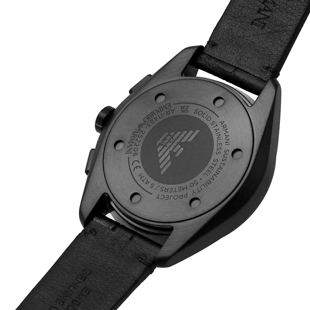Caseback of Emporio Armani Claudio AR11483 men's quartz battery watch showing technical specs black dial and leather strap