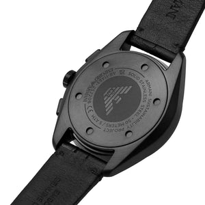 Caseback of Emporio Armani Claudio AR11483 men's quartz battery watch showing technical specs black dial and leather strap