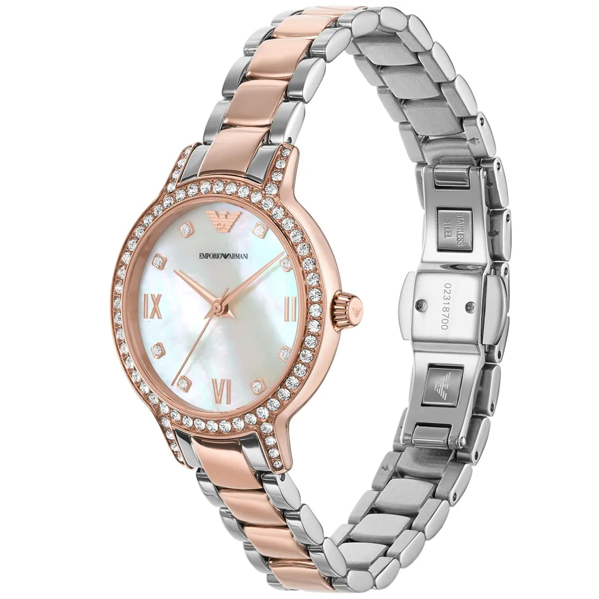 Angled view of the Armani AR11499 showing the iridescent pearl dial and two-tone finish