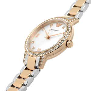 Angled view of the Armani AR11499 showing the iridescent pearl dial and two-tone finish