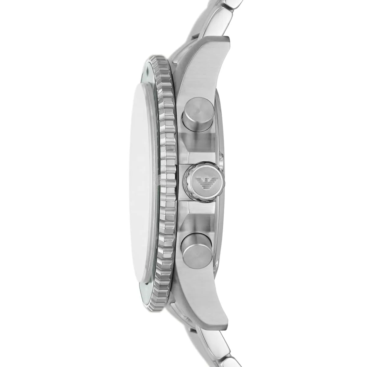 Angled front view of Emporio Armani AR11500 showing green bezel and silver markers