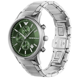 Angled front view of Emporio Armani AR11507 showing silver bezel and green reflections