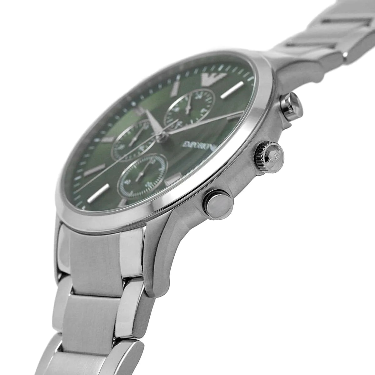 Side view of Emporio Armani AR11507 showing silver crown and pushers