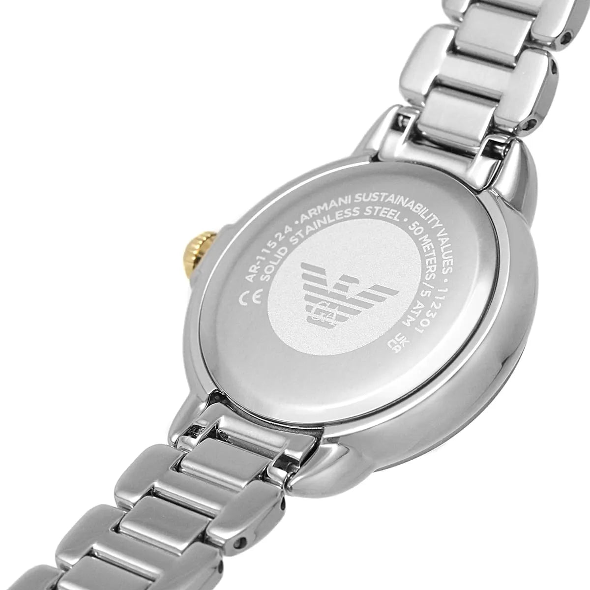 Back case of Emporio Armani AR11524 with engraved eagle logo and serial number