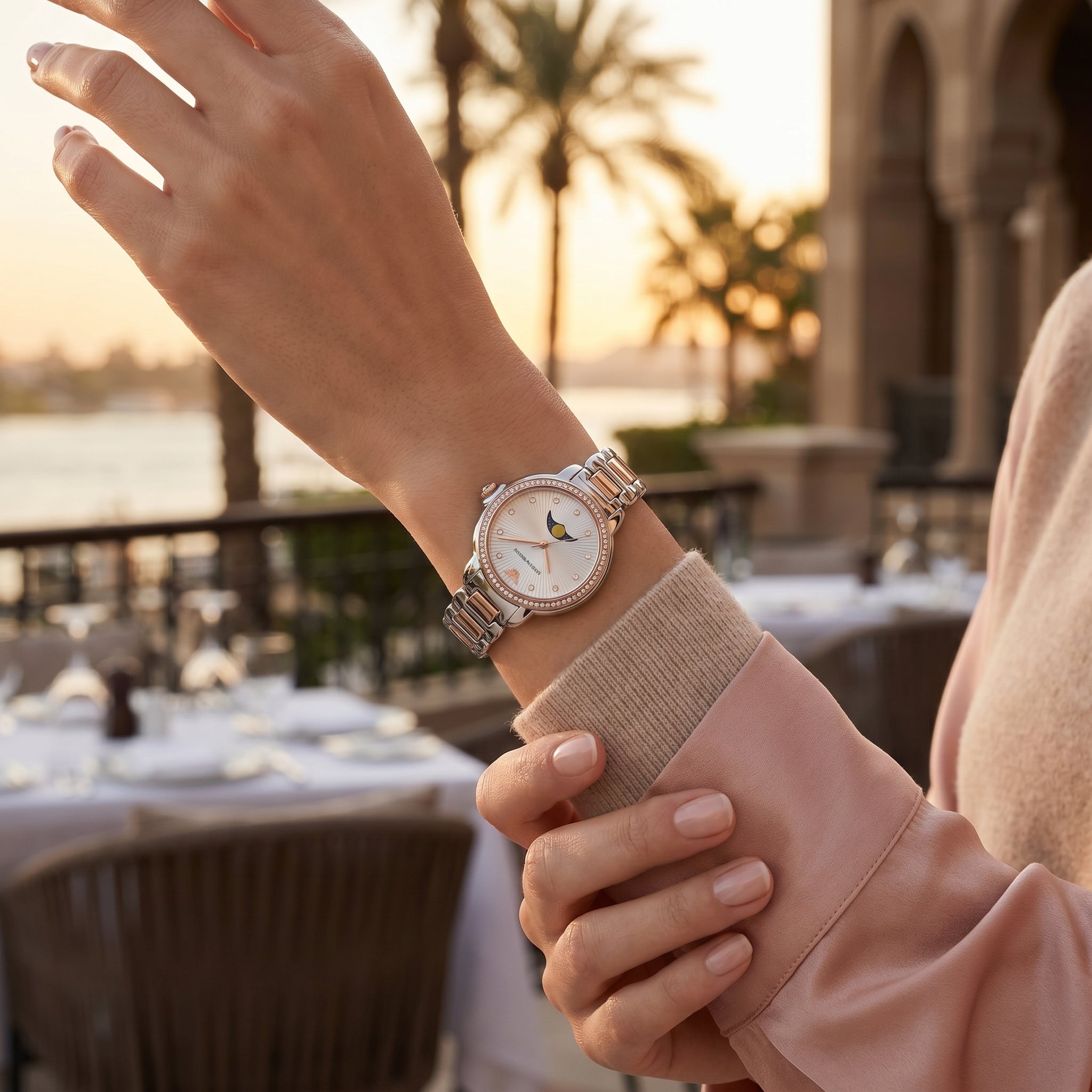 Female model wearing Emporio Armani Mia two-tone moonphase watch for an elegant luxury look