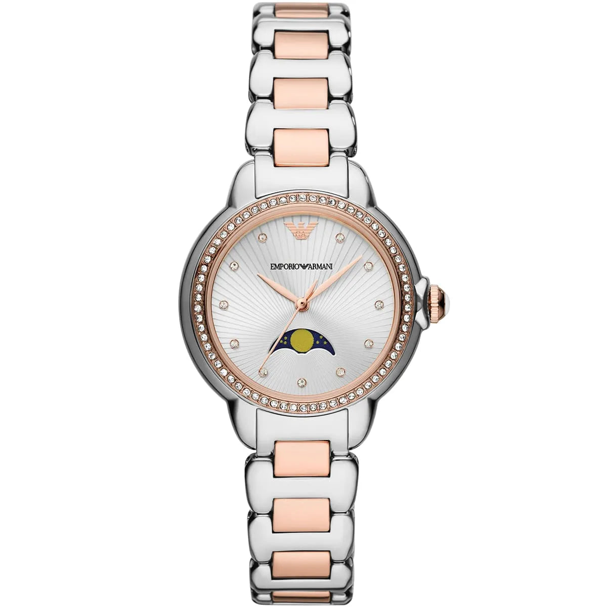Emporio Armani Mia AR11567 women watch with two-tone case and celestial moonphase silver dial