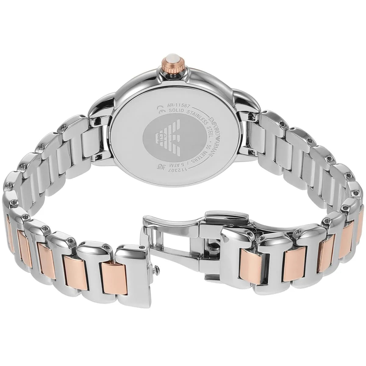 Two-tone stainless steel butterfly deployment clasp buckle on the Emporio Armani AR11567