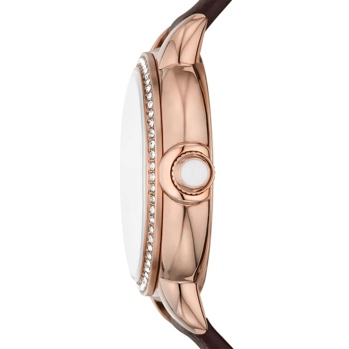 Side view of Emporio Armani AR11568 rose gold case showing the crystal bezel depth