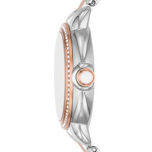Left side perspective showing the polished silver and rose gold finish with pave crystal bezel