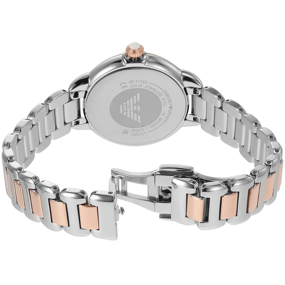 Two-tone stainless steel butterfly deployment clasp buckle on the Emporio Armani AR11569
