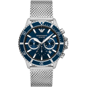 Emporio Armani Diver AR11587 men's quartz battery watch with blue dial, silver-tone case, silver mesh stainless steel bracelet main view