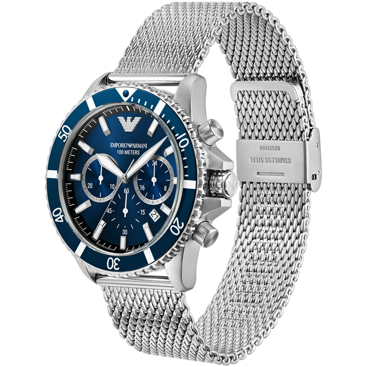 Right angled view of Emporio Armani Diver AR11587 men's quartz battery watch highlighting silver finish and blue bezel details
