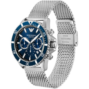 Right angled view of Emporio Armani Diver AR11587 men's quartz battery watch highlighting silver finish and blue bezel details