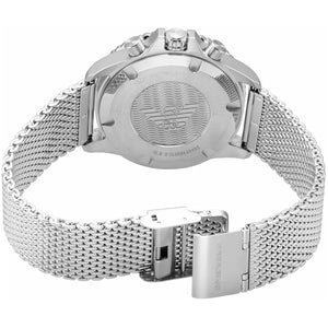 Silver-tone sliding buckle clasp on Emporio Armani Diver AR11587 men's quartz battery mesh bracelet watch