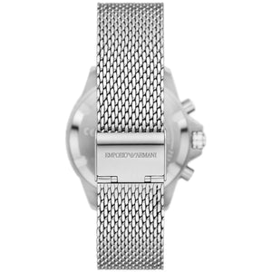 Caseback of Emporio Armani Diver AR11587 men's quartz battery watch showing technical specs 100m water resistance and mesh bracelet