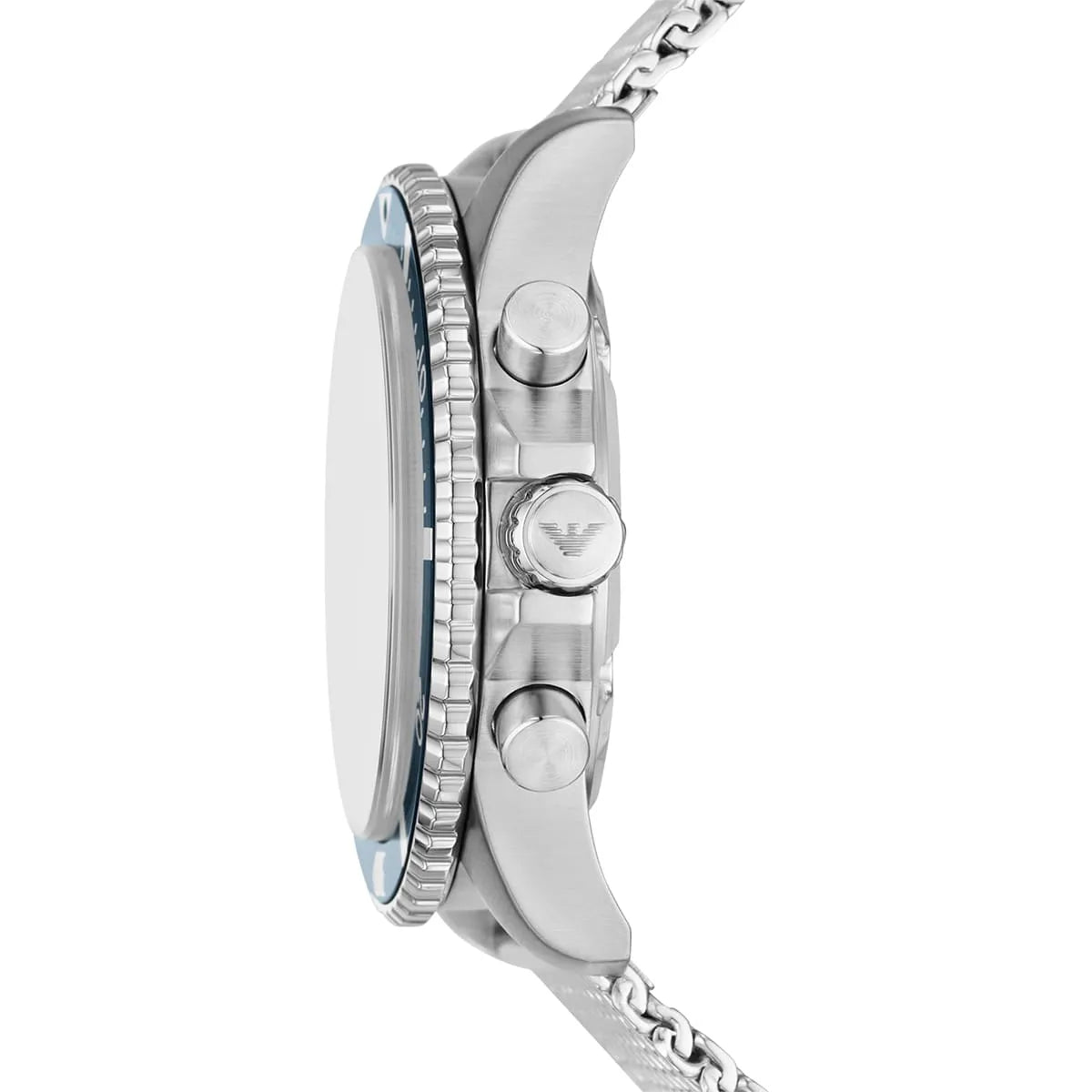 Detailed view of silver-tone crown and pushers on Emporio Armani Diver AR11587 men's quartz battery watch with blue dial
