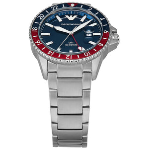 Angled shot of the Emporio Armani AR11590 showing the robust sporty GMT design