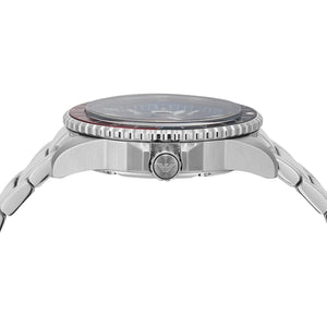 Side view of the polished silver stainless steel case and crown of the AR11590 Diver