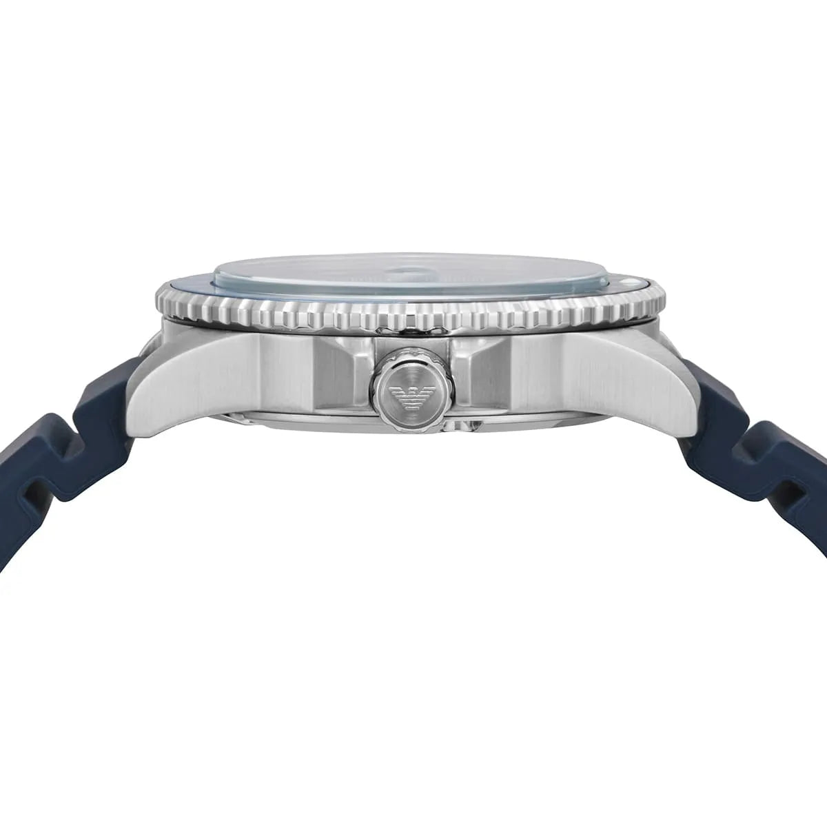 Side view of Emporio Armani AR11592 silver case with protective crown guard