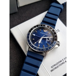 Angled shot of AR11592 showing the depth of the blue dial and light blue GMT hand