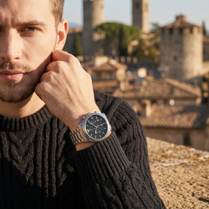 Elegant man wearing Emporio Armani Paolo AR11602 men's quartz battery watch with silver-tone case and luxury textured dial