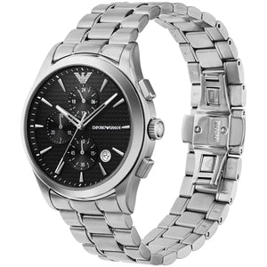 Right angled view of Emporio Armani Paolo AR11602 men's quartz battery watch highlighting silver finish and chronograph details