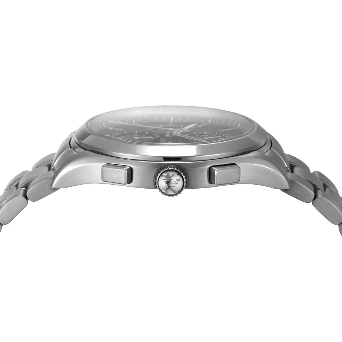 Detailed view of silver-tone crown and pushers on Emporio Armani Paolo AR11602 men's quartz battery watch with black dial