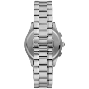 Caseback of Emporio Armani Paolo AR11602 men's quartz battery watch showing technical specs black dial and metal bracelet