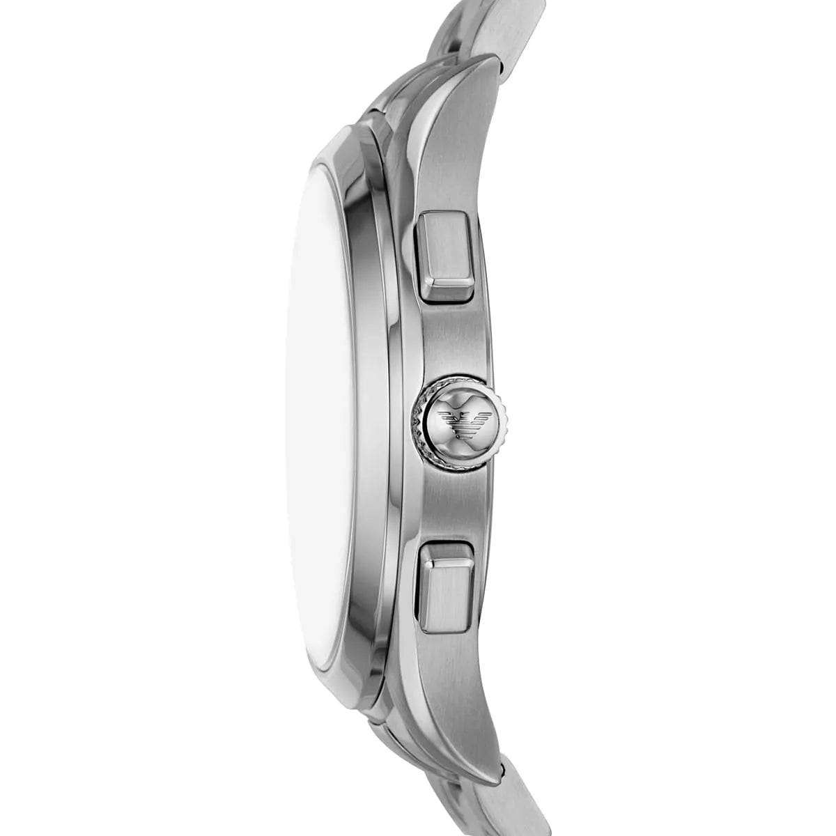 Side profile of Emporio Armani Paolo AR11602 men's quartz battery watch showing 12mm thickness and silver finish
