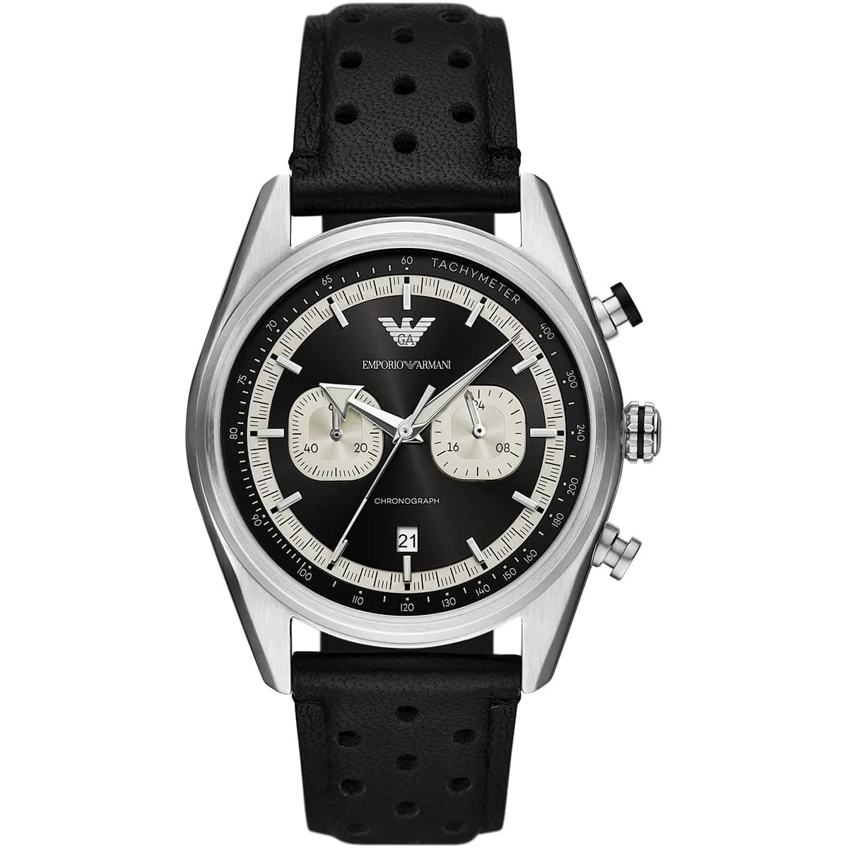 Emporio Armani Racer AR11635 men's quartz battery watch with black dial, silver-tone case, perforated black leather strap main view