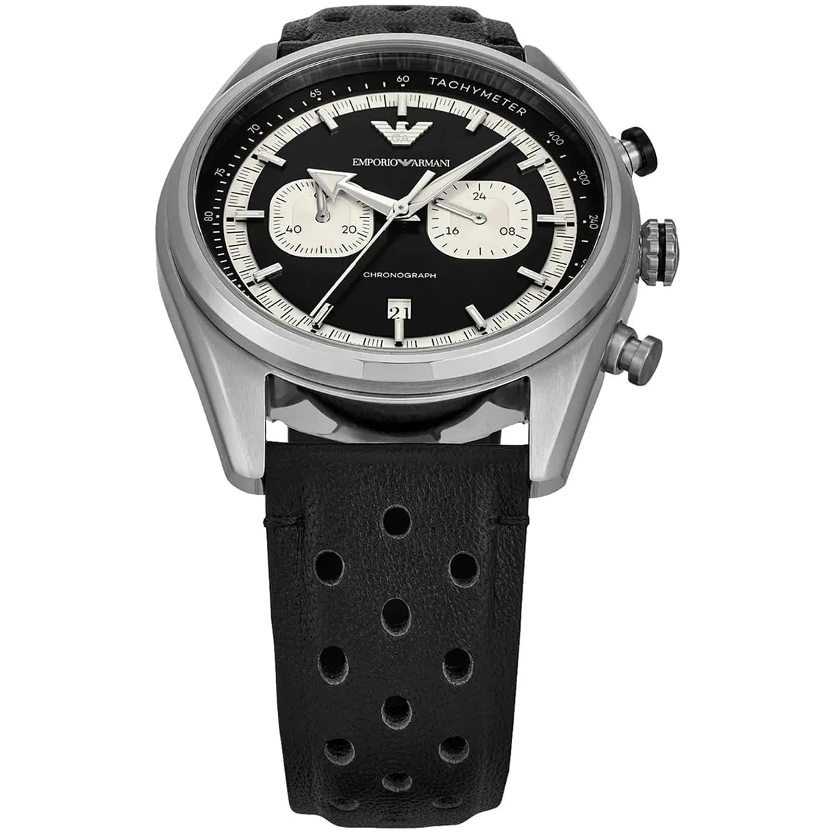 Right angled view of Emporio Armani Racer AR11635 men's quartz battery watch highlighting silver finish and chronograph details