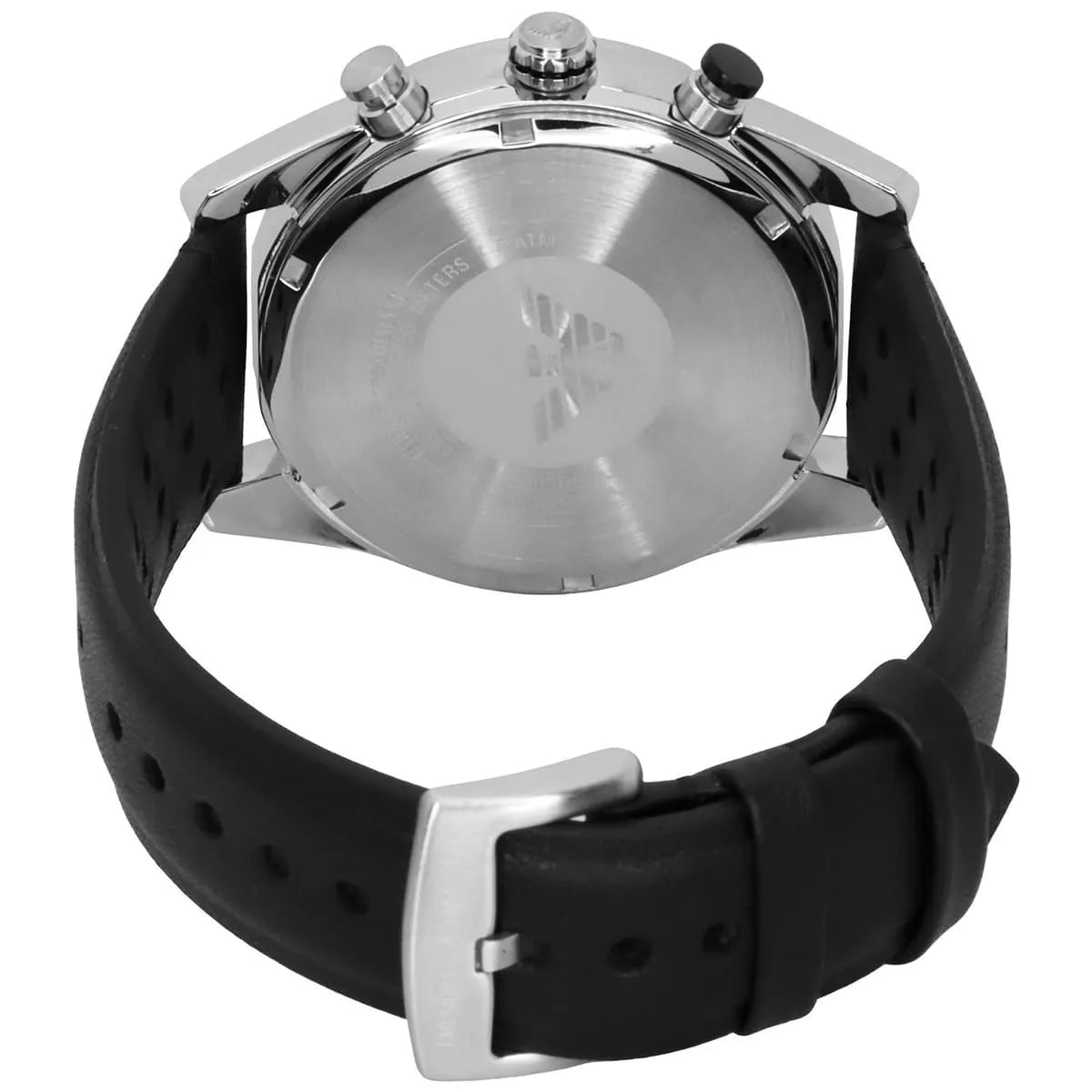 Caseback of Emporio Armani Racer AR11635 men's quartz battery watch showing technical specs black dial and leather strap