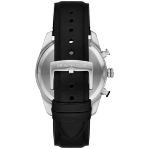 Silver-tone buckle clasp on Emporio Armani Racer AR11635 men's quartz battery black leather strap watch