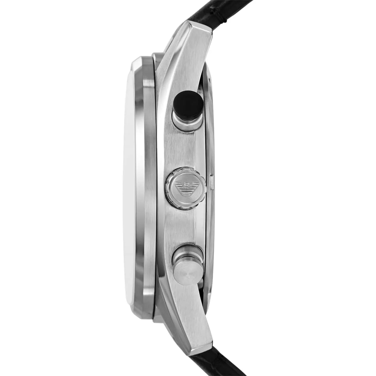 Side profile of Emporio Armani Racer AR11635 men's quartz battery watch showing 11mm thickness and silver finish