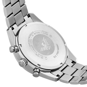 Caseback of Emporio Armani Racer AR11636 men's quartz battery watch showing technical specs silver dial and metal bracelet