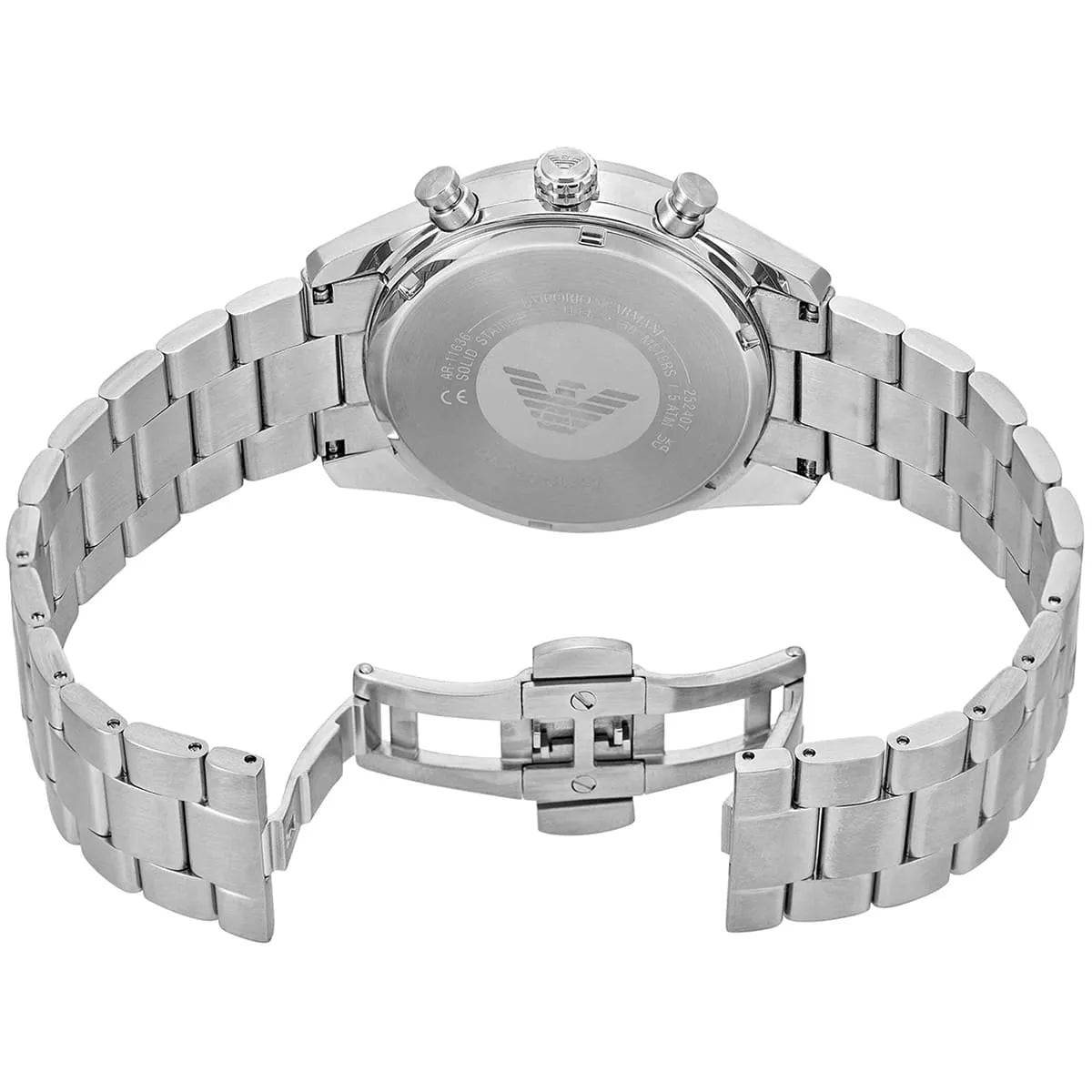 Silver-tone butterfly deployment clasp on Emporio Armani Racer AR11636 men's quartz battery metal bracelet watch