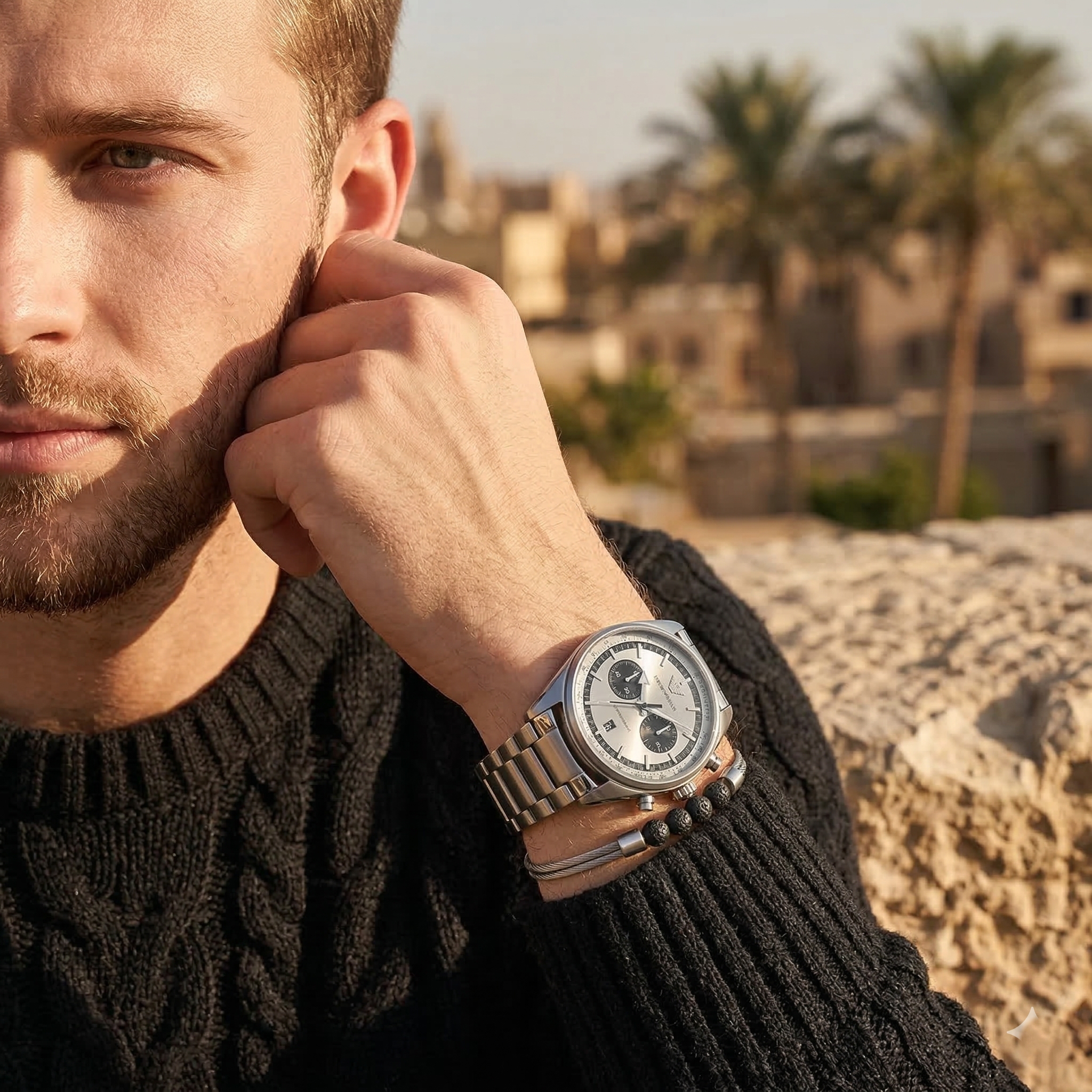 Elegant man wearing Emporio Armani Racer AR11636 men's quartz battery watch with silver-tone case and luxury metal bracelet