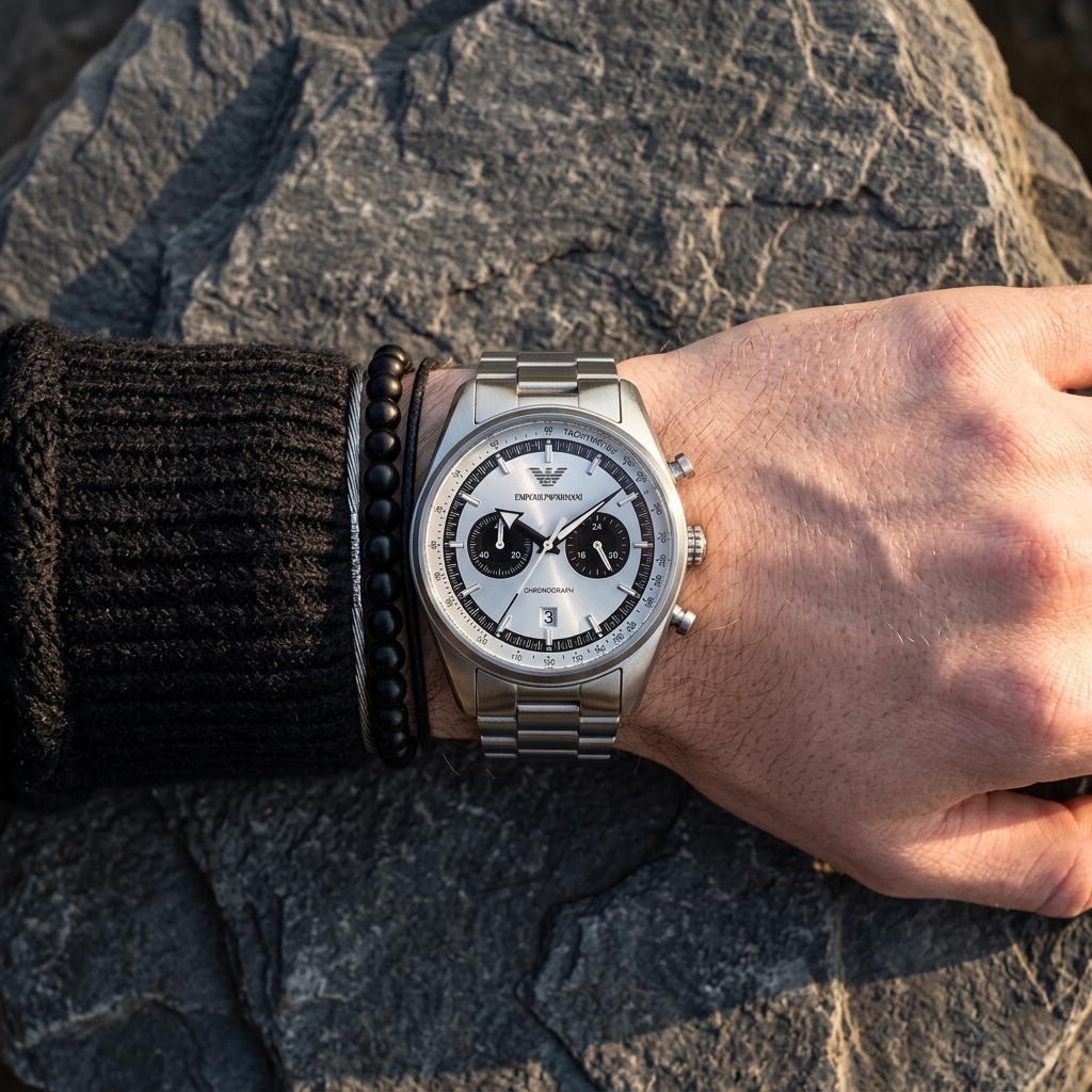 Close up of Emporio Armani Racer AR11636 men's quartz battery watch on wrist showing silver chronograph dial and silver metal bracelet