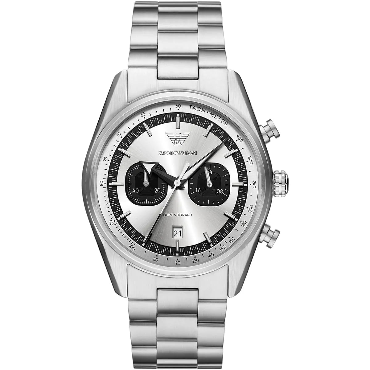 Emporio Armani Racer AR11636 men's quartz battery watch with silver dial, silver-tone case, silver stainless steel bracelet main view
