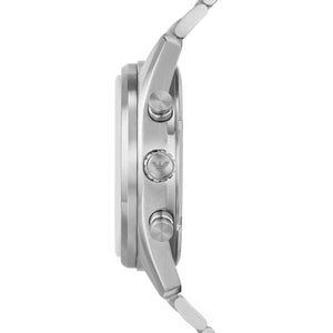 Side profile of Emporio Armani Racer AR11636 men's quartz battery watch showing 11mm thickness and silver finish