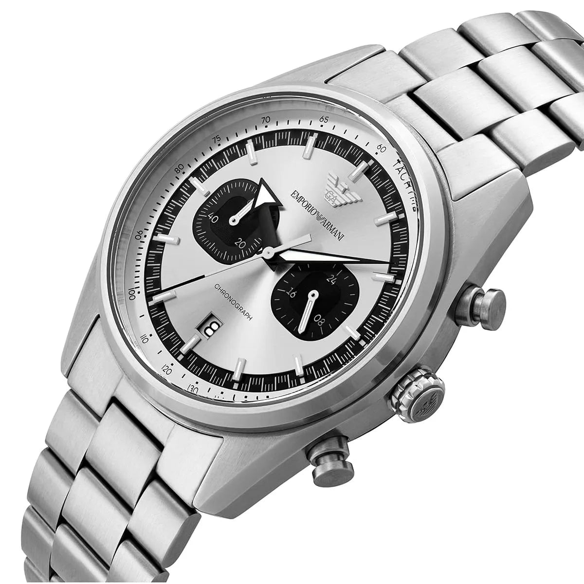 Left angled view of Emporio Armani Racer AR11636 men's quartz battery watch showing silver stainless steel bracelet and case profile