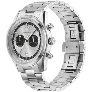 Right angled view of Emporio Armani Racer AR11636 men's quartz battery watch highlighting silver finish and chronograph details