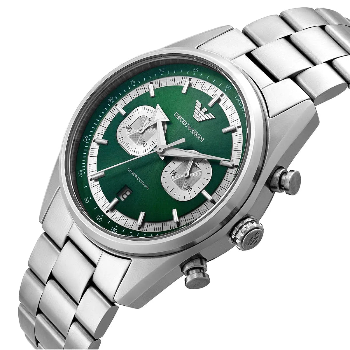 Left angled view of Emporio Armani Racer AR11637 men's quartz battery watch showing silver stainless steel bracelet and case profile